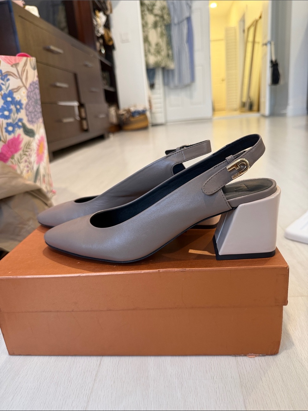 Furla Taupe Slingback Pumps with Glossy Beige Block Heel